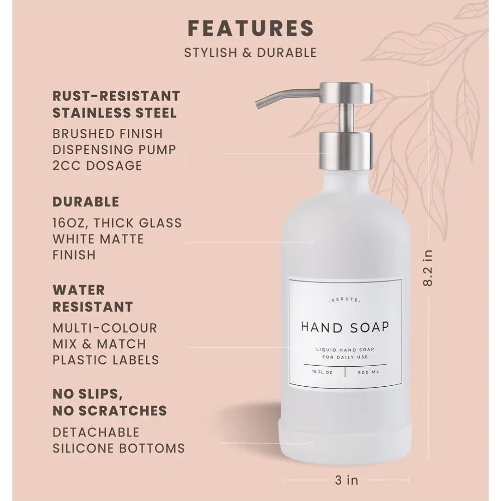 16 Oz Glass Soap Dispenser Set 2 Pack for Kitchen Sink,Contains Hand and Dish...